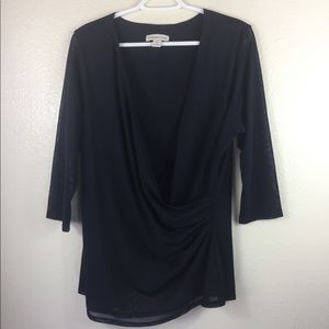 V Neck Sheer 3/4 Sleeve Black Blouse